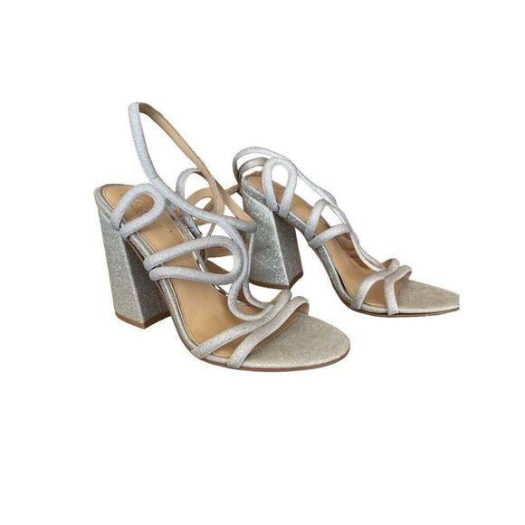 Jewel Badgley Mischka Womens Silver Glitter Ankle Strap Block Heel Sandal Size 7 - Picture 1 of 7